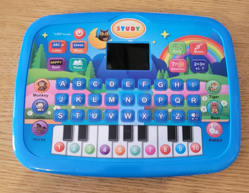 Blue Educational Tablet Letters Spelling Reading Piano Trivia Math Animals