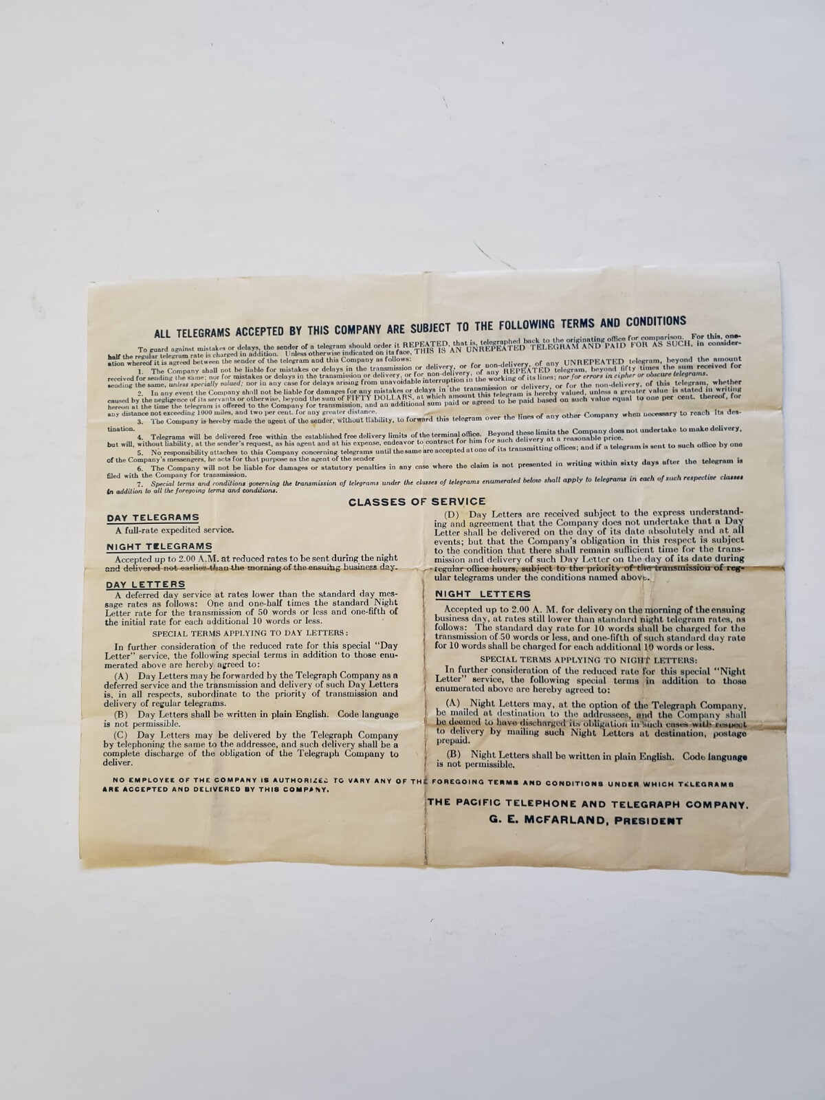 Pacific Telegram Message Form Dated January 9, 1919 Pacific Telephone Co