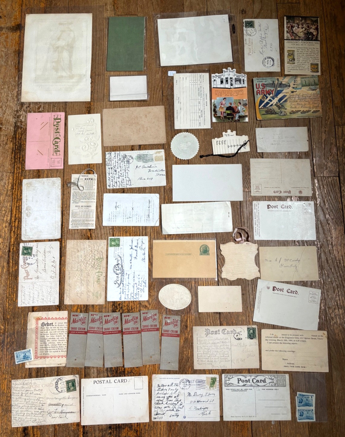 Big Vintage Paper Lot w/ Bridge Tally Cards, Postcards, Labels, Advertising +