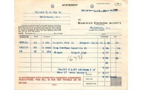 Railway Express Agency Singer Furniture Billing Statement 1955 Railroadiana