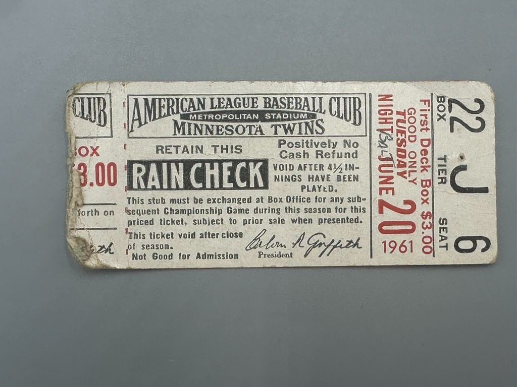 Vintage MINNESOTA TWINS June 1961 Orioles Baseball Ticket 1ST PINCH HIT HOME RUN