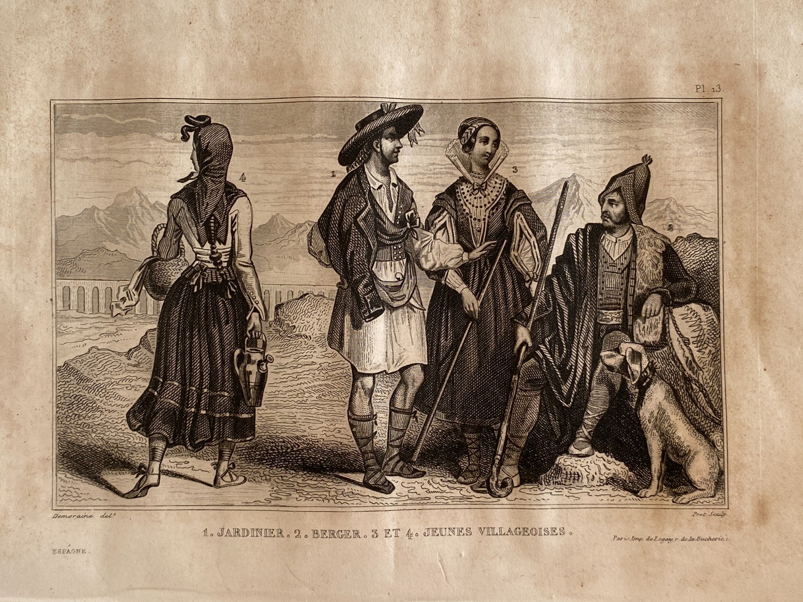 Engraving Spain “Gardener – Shepherd – Young Villagers”