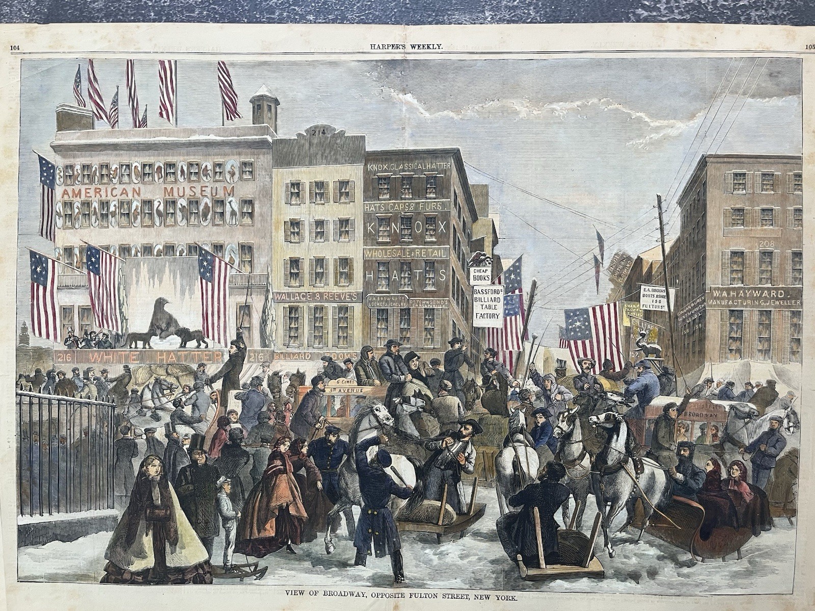 1860 VIEW OF BROADWAY, NEW YORK HARPER’S WEEKLY HAND COLORED