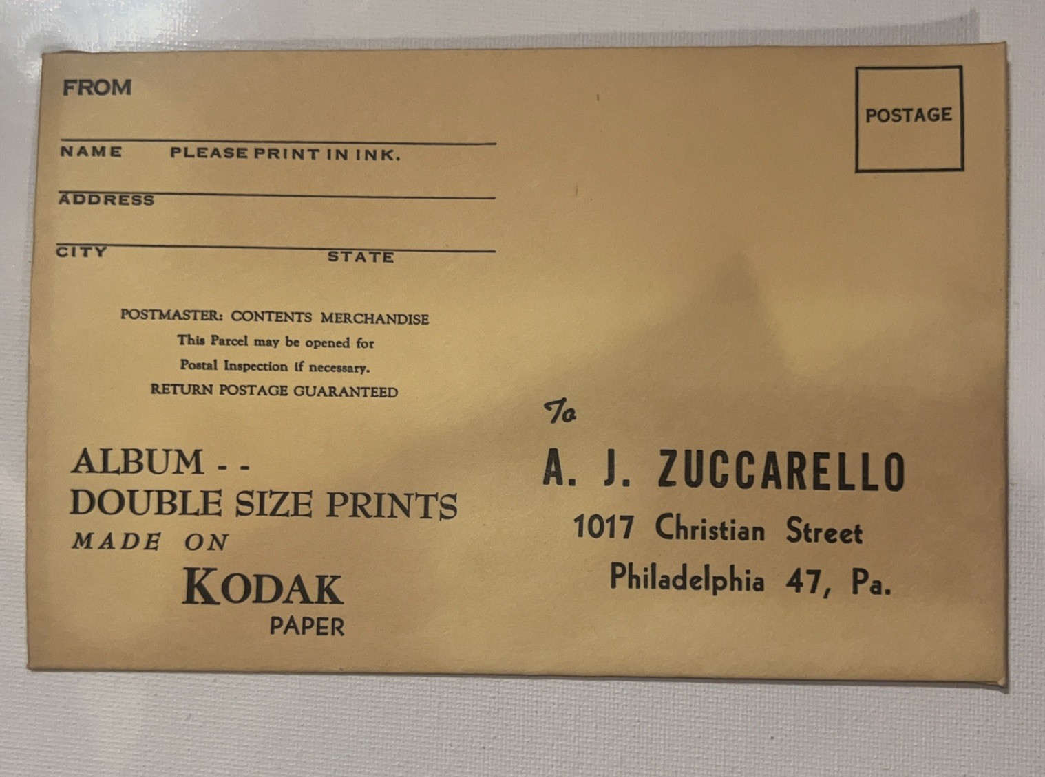 MINT 1948 Phila. Vintage Kodak Mail-In Film Photo Developing Envelope One
