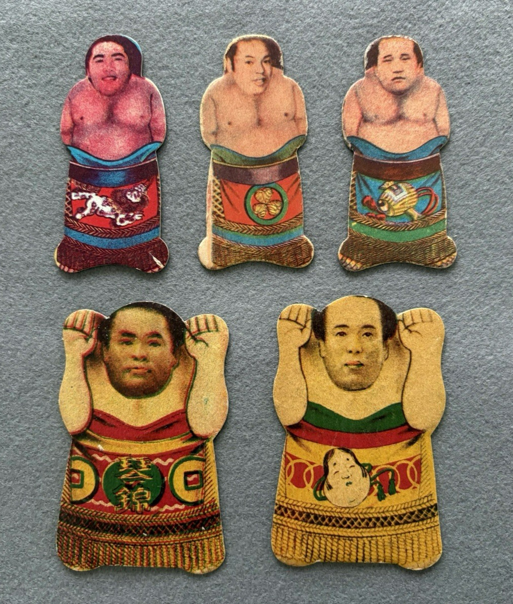 Vintage Japanese Sumo Menko Cards 1950s–1960s Sumo Wrestlers 5-Card Set
