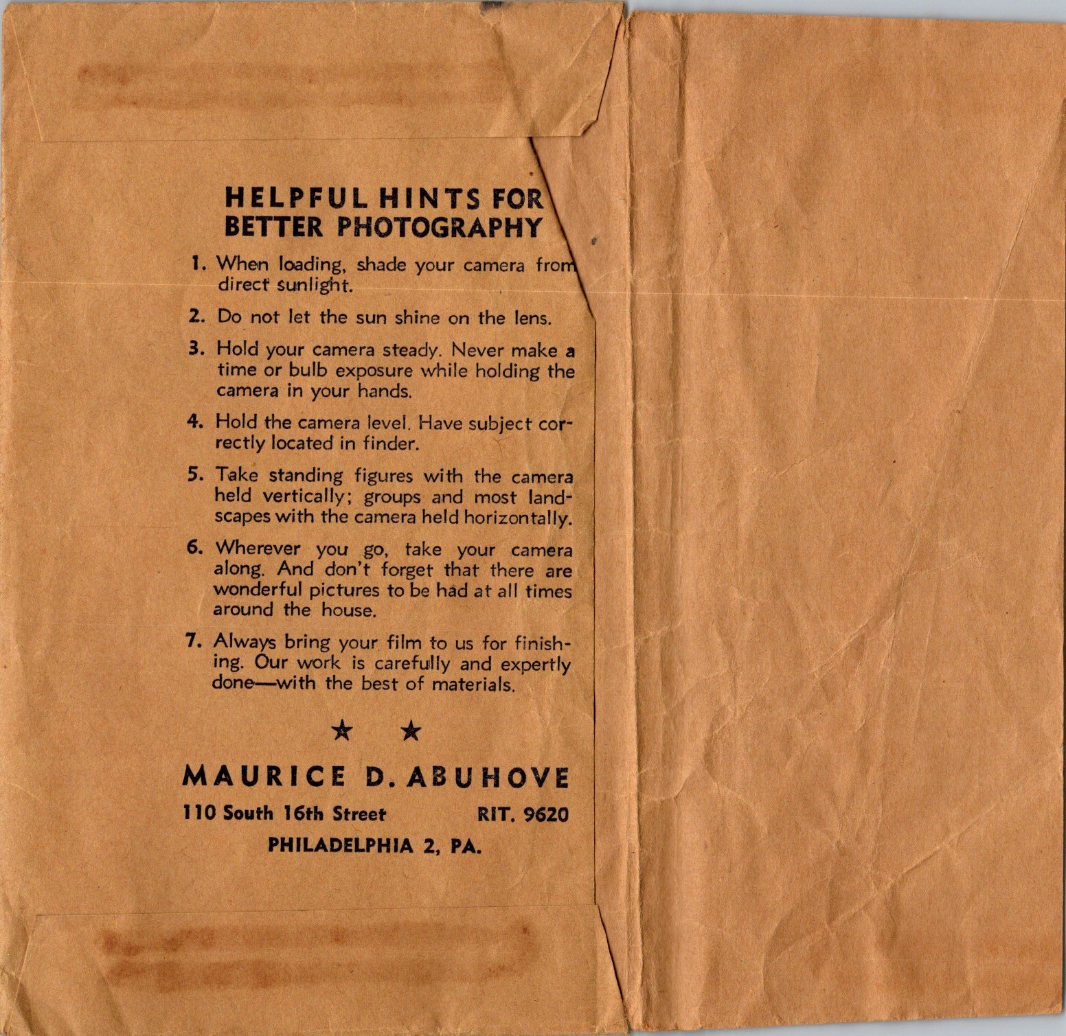 Vintage Photo Processing Envelope Maurice D Abuhove Philadelphia 1940s Kraft