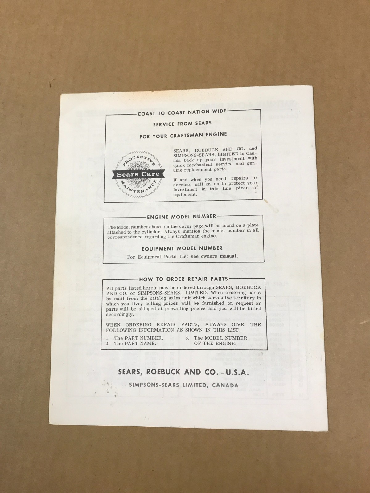 VTG Sears Care Owner’s Parts List For Craftsman Engine – Model #143.582022