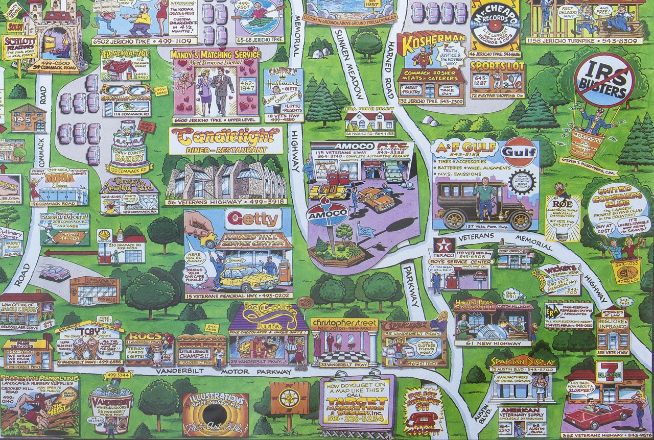 COMMACK LONG ISLAND Illustrated Cartoon Map 1991 – FREE SHIPPING!