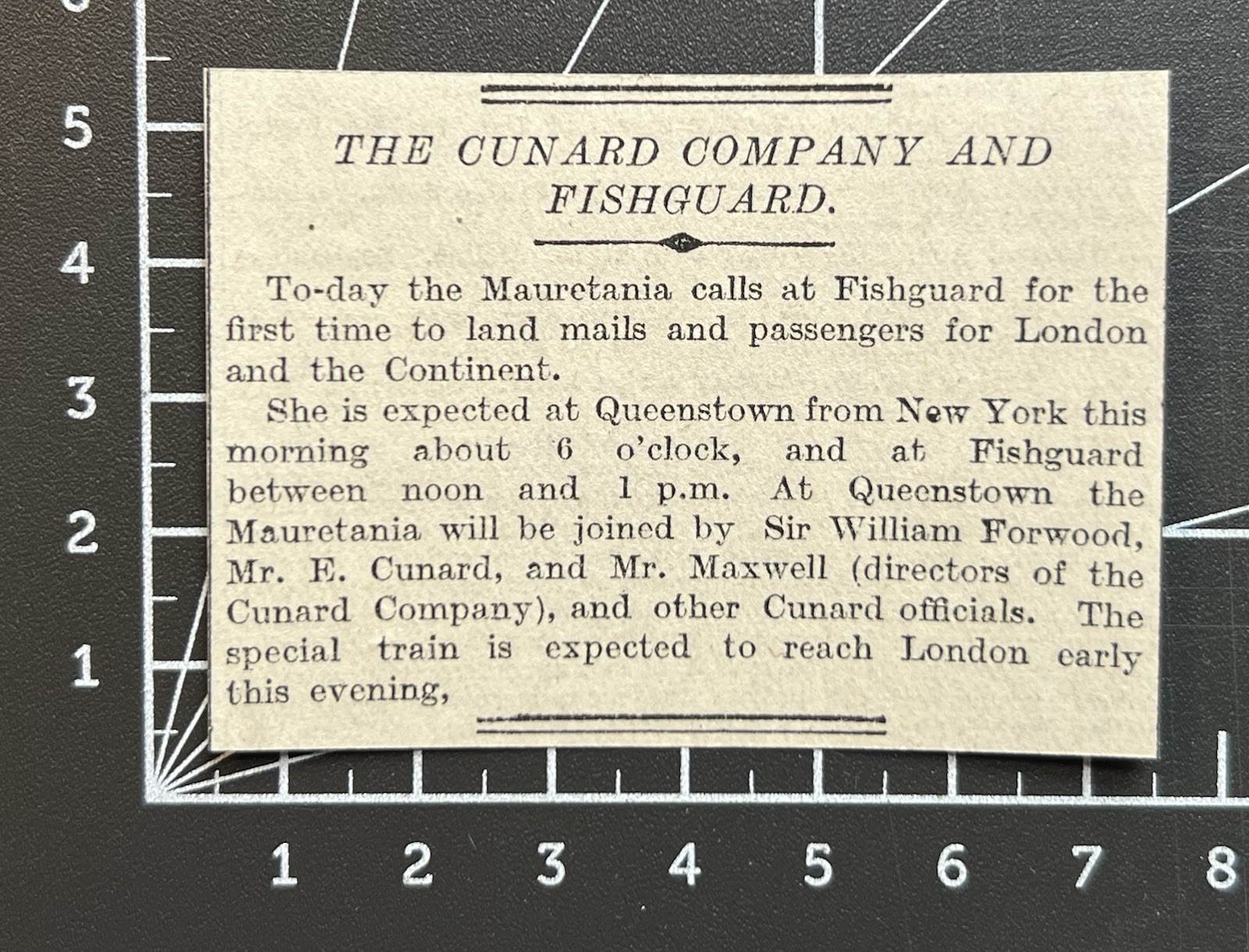 The Cunard Company & Fishguard – 1909 Cutting 414