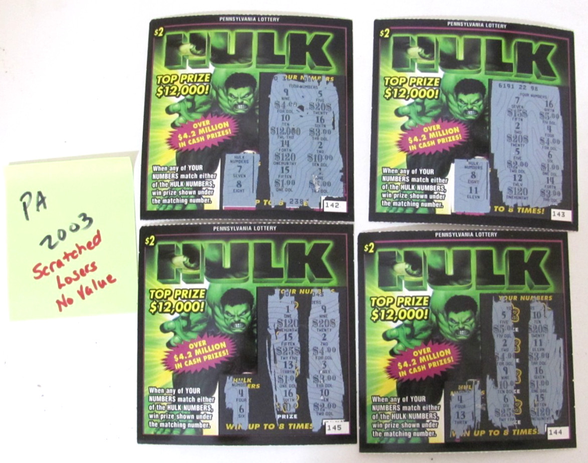 Vintage Lot 4 – 2003 MARVEL HULK $2 PA Lottery Non-Winning Scratch Off Tickets