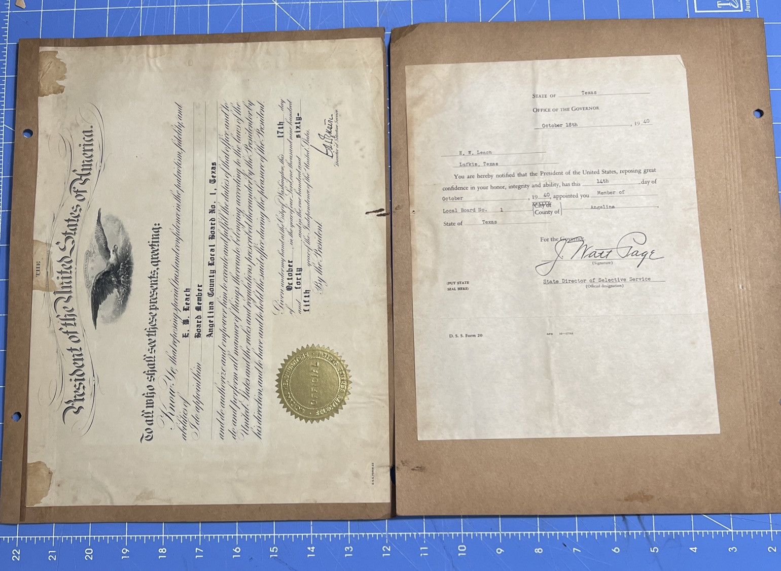 1940s Document WWII Local Board Appointment Selective Service Lufkin Texas