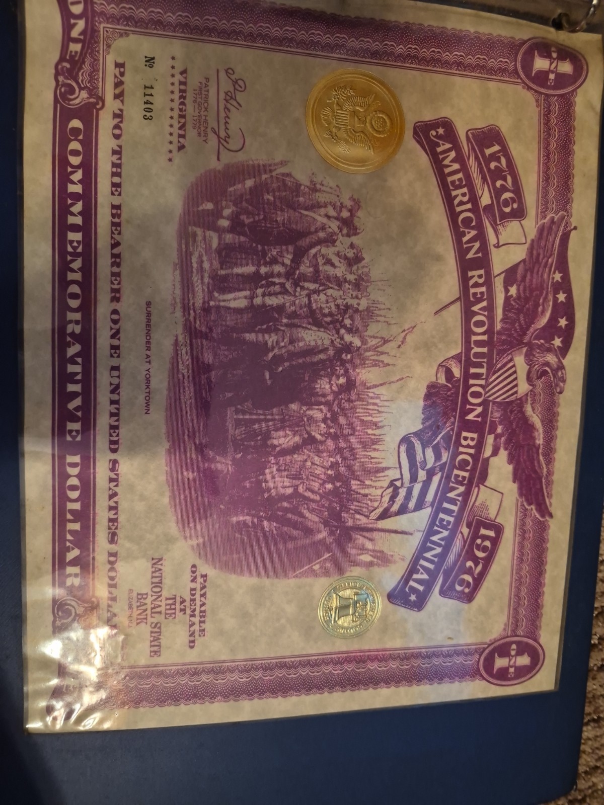 American Revolution Bicentennial Commemorative Dollar Certificate NY 1976
