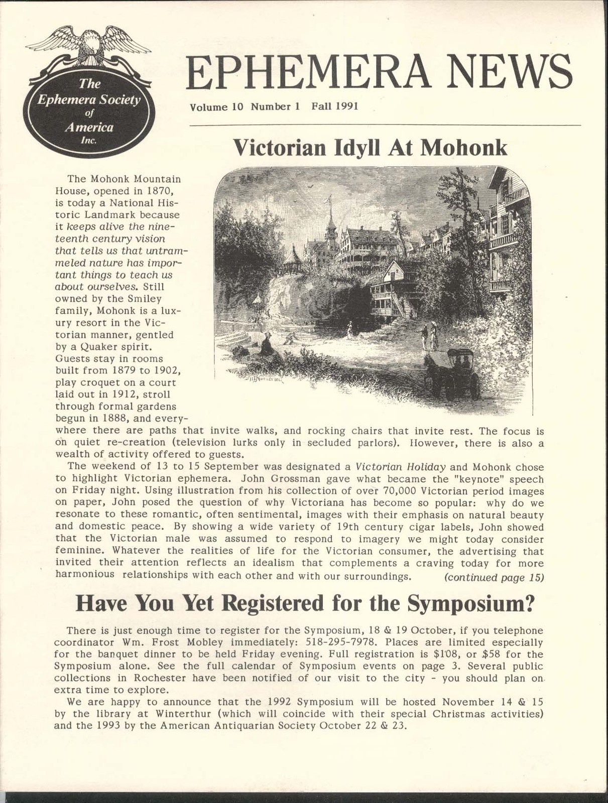 EPHEMERA NEWS V10 #1 Mohonk Mountain House Fall 1991
