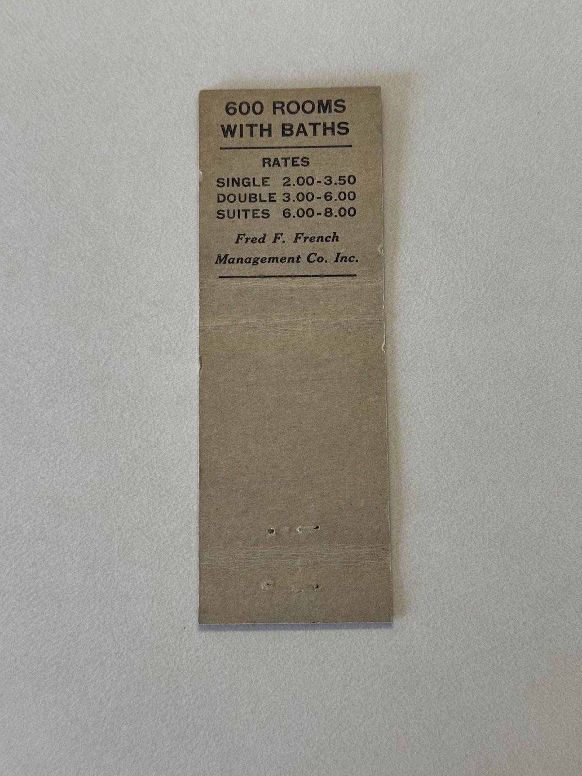 Hotel Tudor New York City Fred French Vintage Matchbook Cover C2