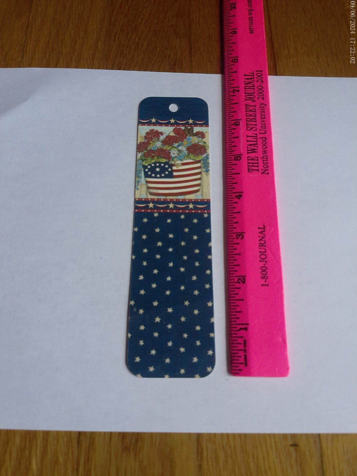 Patriotic Bookmark Deb Strain Flowers Flag Red White Blue Paper Collectible