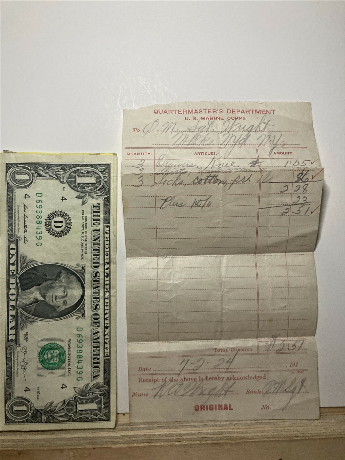 1924 United States Marine Corps Quartermasters Department Uniform Receipt USMC