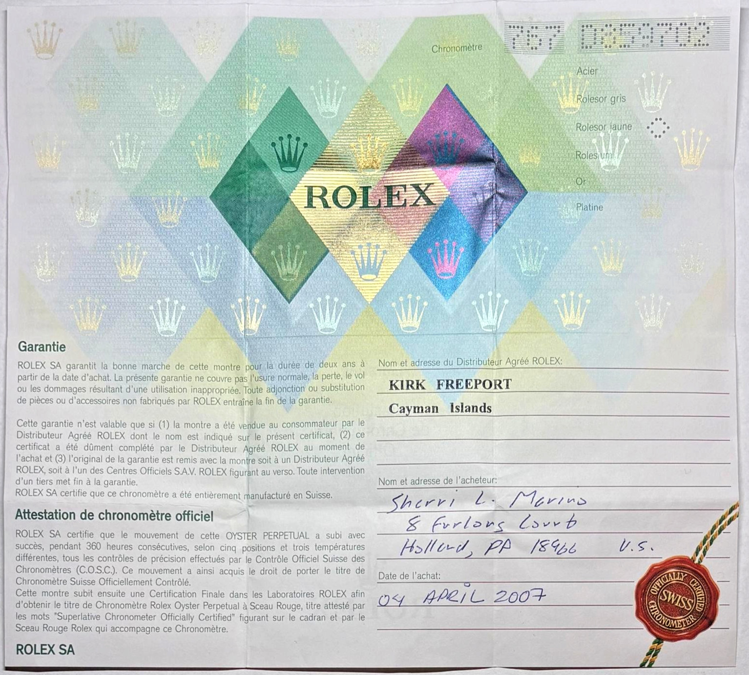 Rolex 179173 Datejust Warranty Certificate Guarantee 2000s D Serial Cert