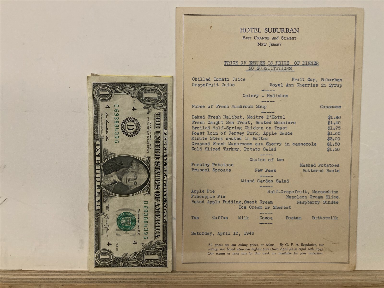 1946 Hotel Suburban Restaurant Menu East Orange Summit New Jersey NJ Vtg