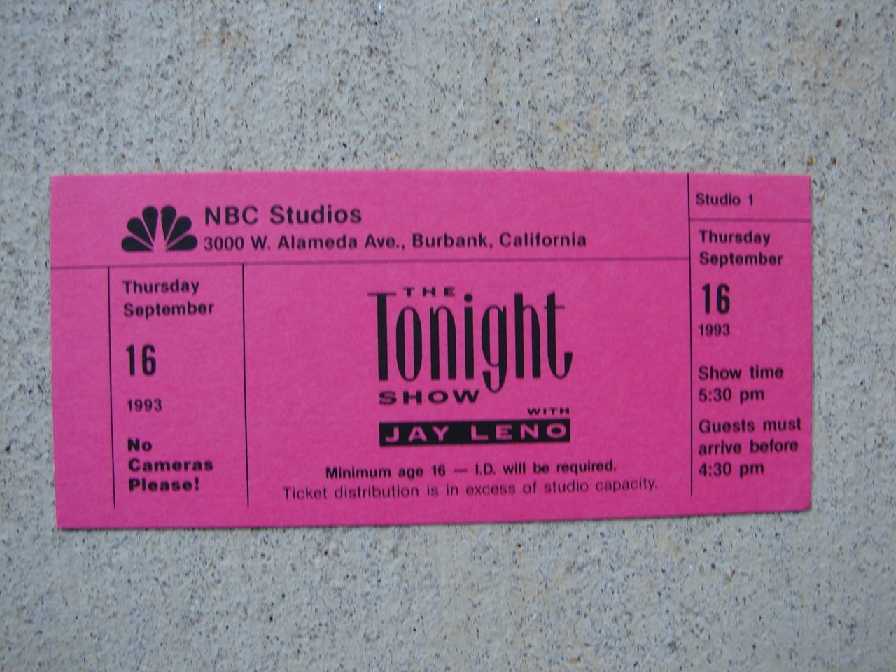 THE TONIGHT SHOW STARRING JAY LENO 1 Original 1994 Tickets NBC TV Burbank CA