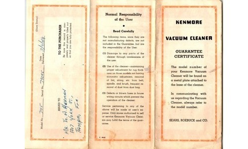 Original Kenmore Vacuum Guarantee Sears Roebuck Ephemera 1950s