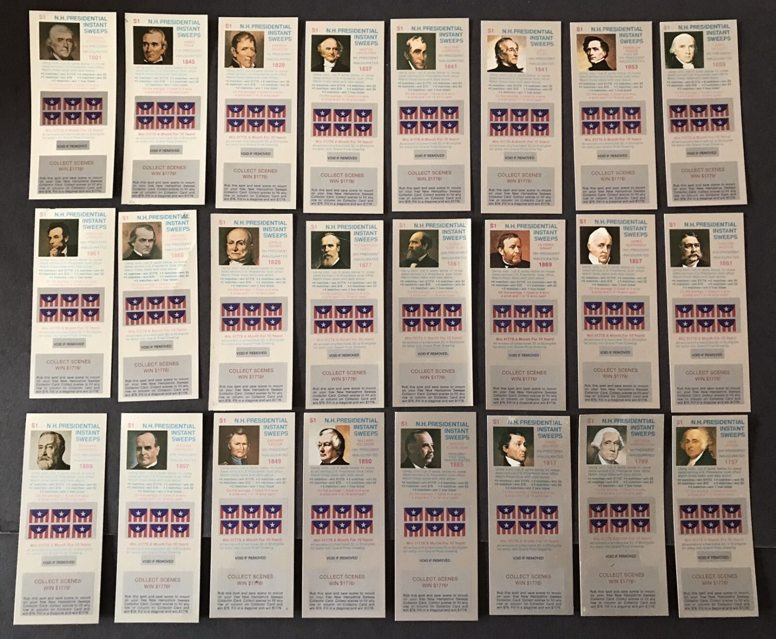 19th Century Presidents SV Instant Lottery Tickets, issued 1976, no cash value