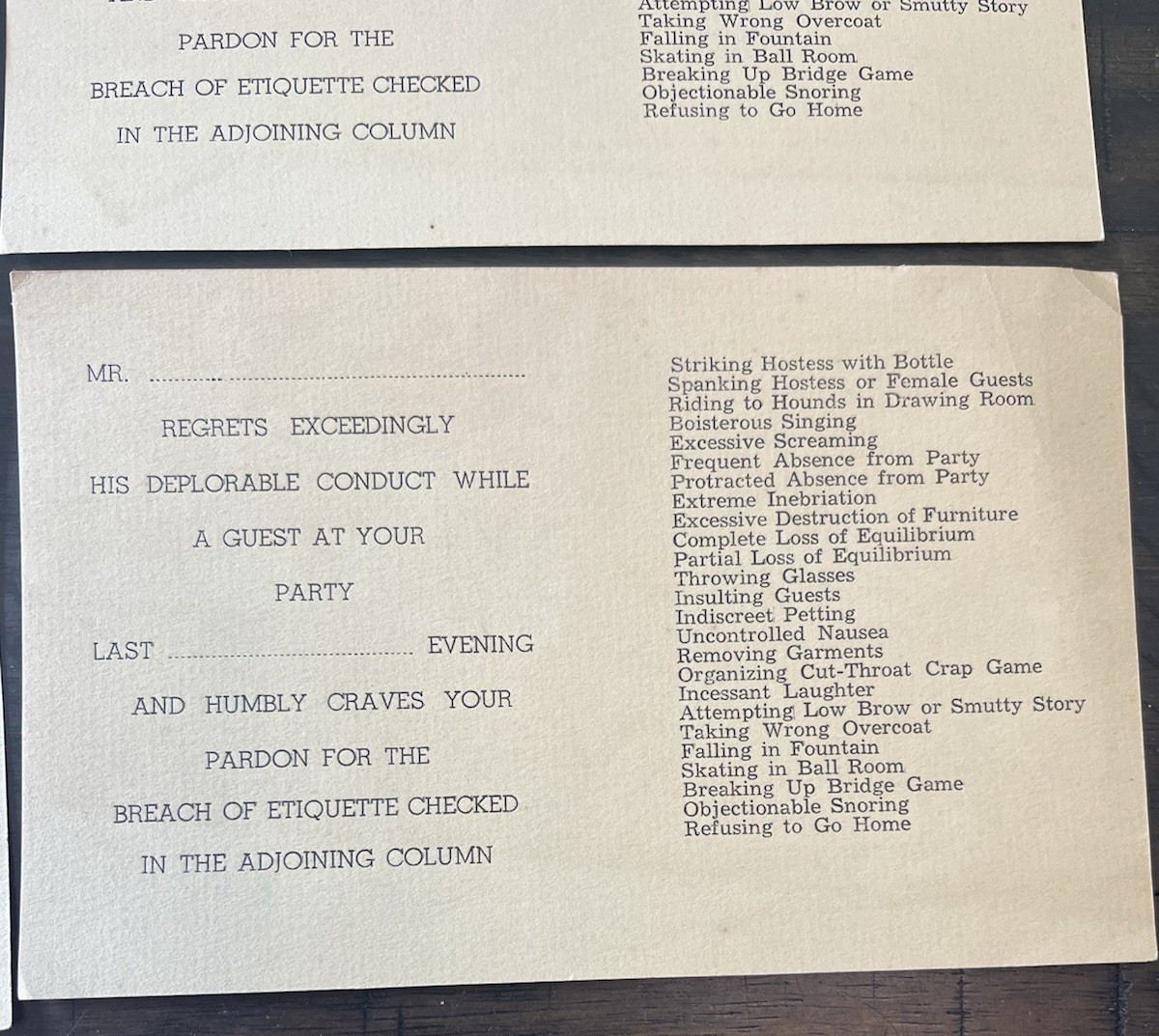 Vintage Deplorable Conduct Cards For Party Inebriation Spanking Insults LOT
