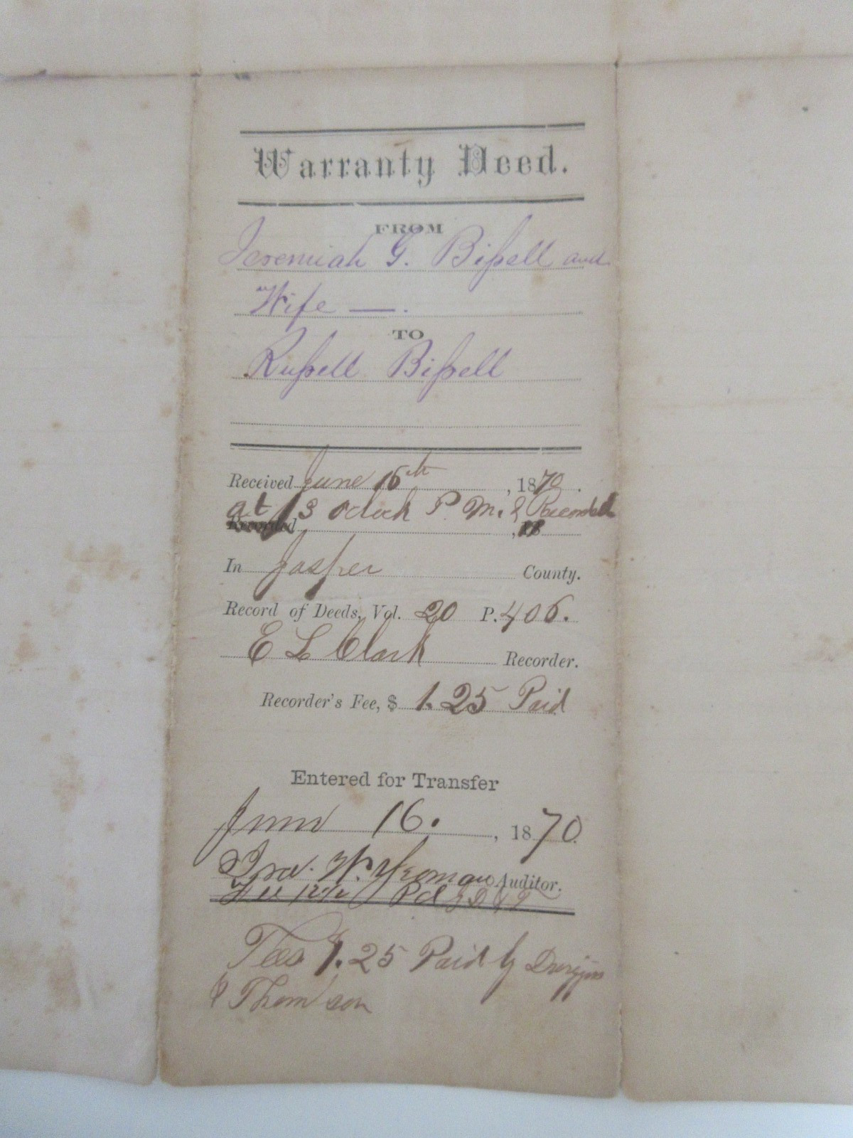 Antique 1870 Warranty Deed With Dower ONE DOLLAR Ohio Bipell + Post Stamps 25c