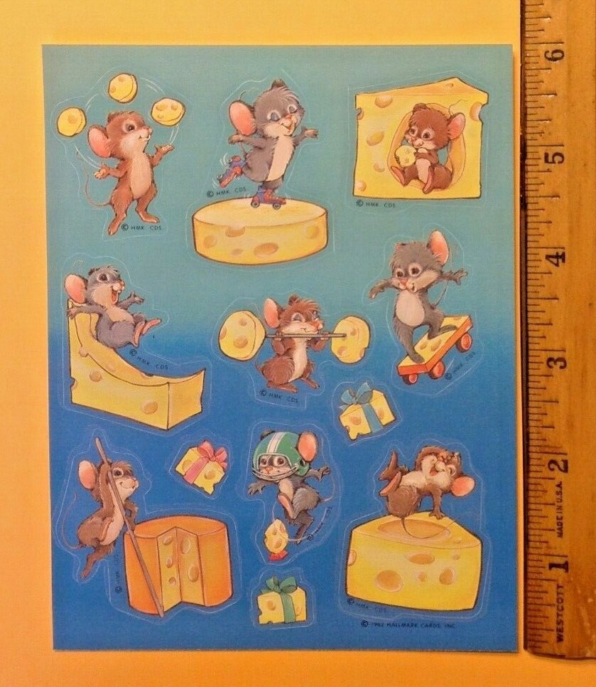 VTG 1982 Hallmark Scratch & Sniff Sticker Sheet Sports Mouse Swiss CHEESE Scent