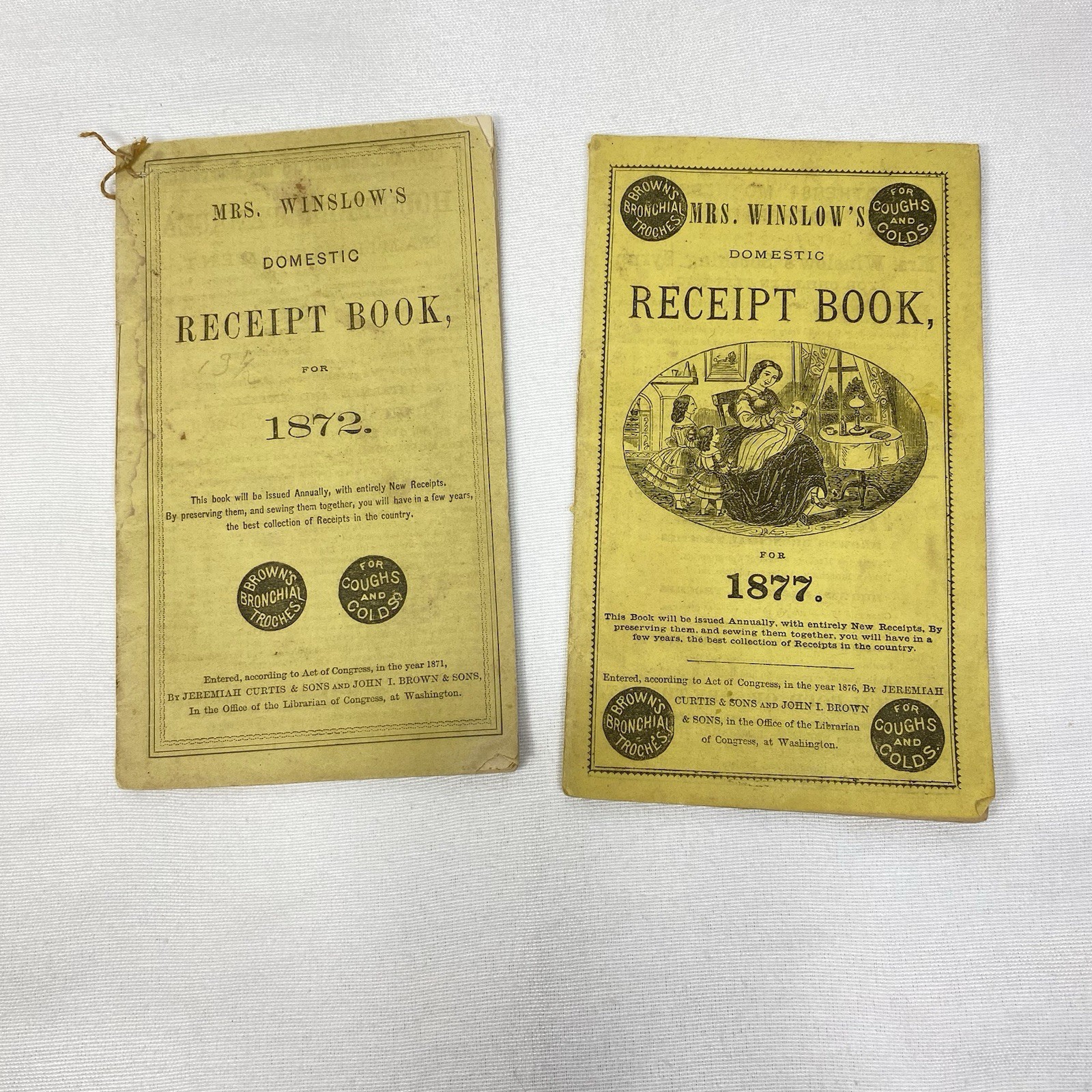 Lot of 2 Mrs Winslow’s Receipt Books 1872, 1877 Brown’s Bronchial Troches