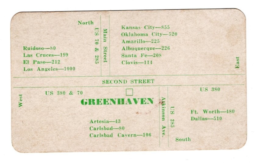 Greenhaven Auto Camp Roswell New Mexico Advertising Business Card