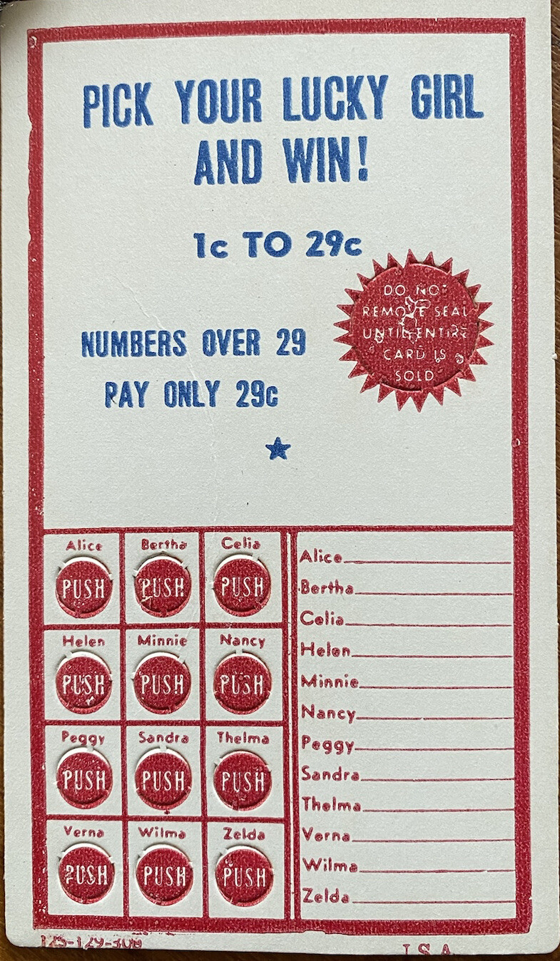 Pick your Lucky Girl Punch Card Game 1940s-1950s Game Of Chance – 12S-129-300