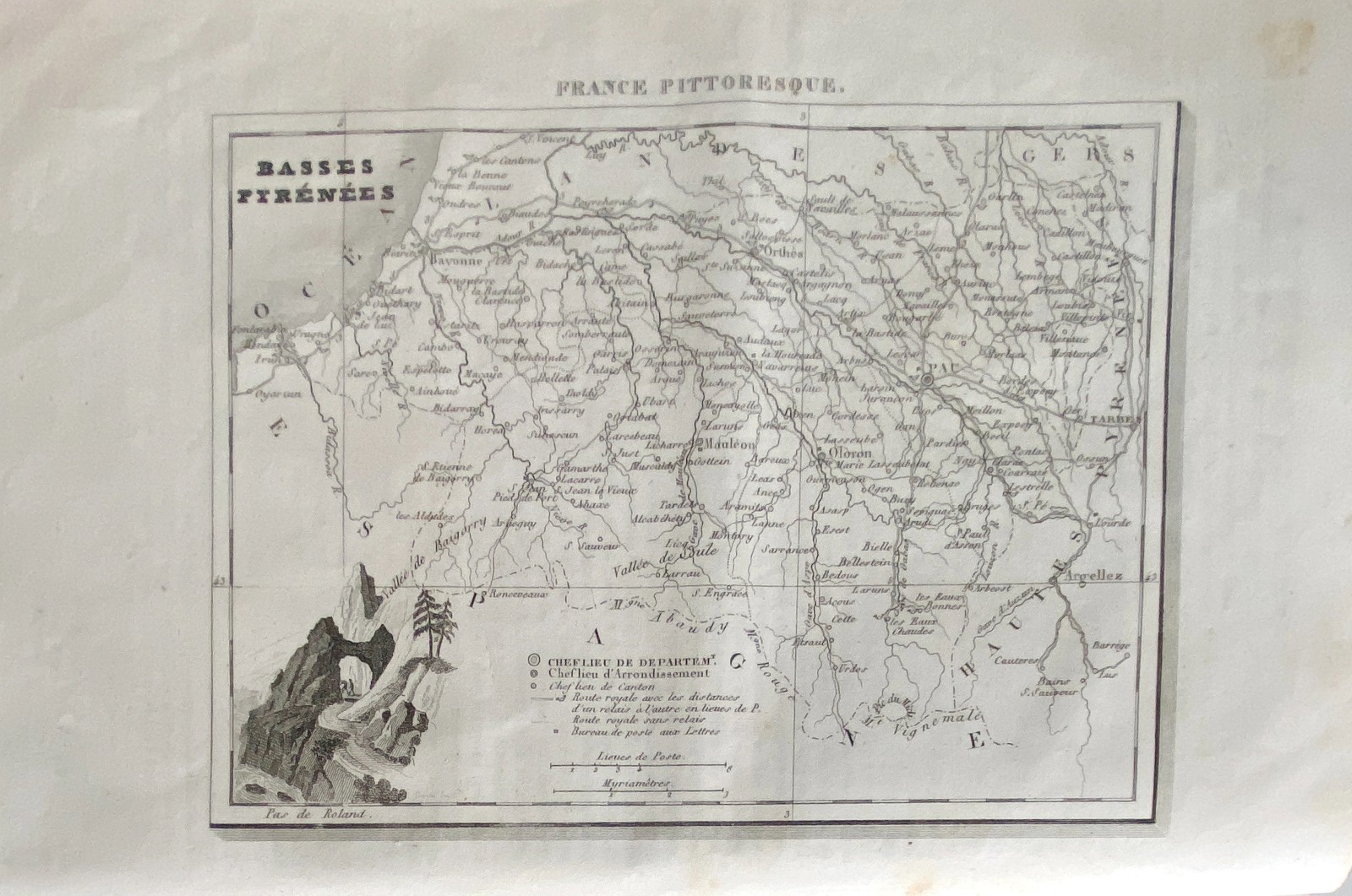 Picturesque Engraving France 1835 Map Basses Pyrenees Department