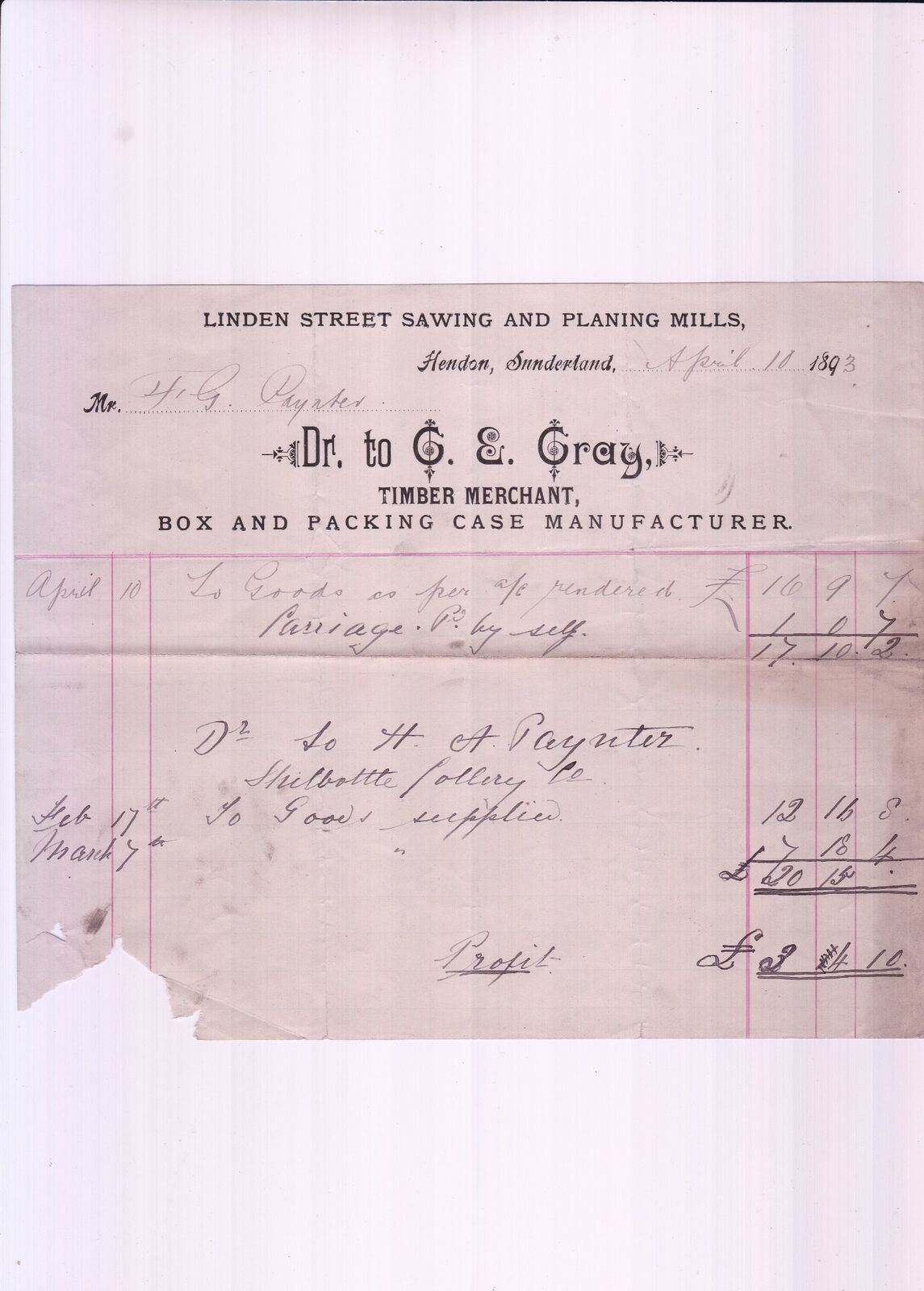 C. E. CRAY, Timber Merchant 1893 Box & Packing Case Manufacturer Invoice Rf48114