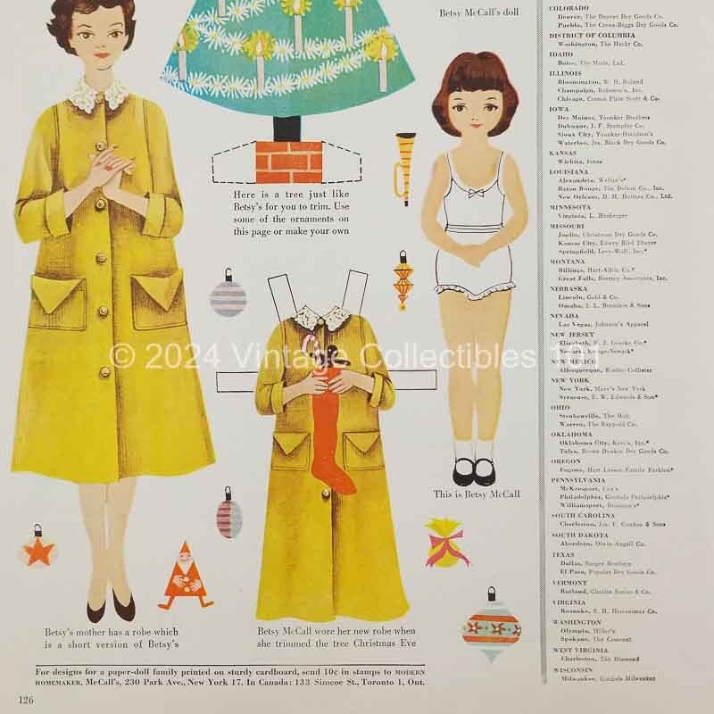 1954 Betsy McCall Trims The Tree Christmas Paper Doll art decor vintage print ad