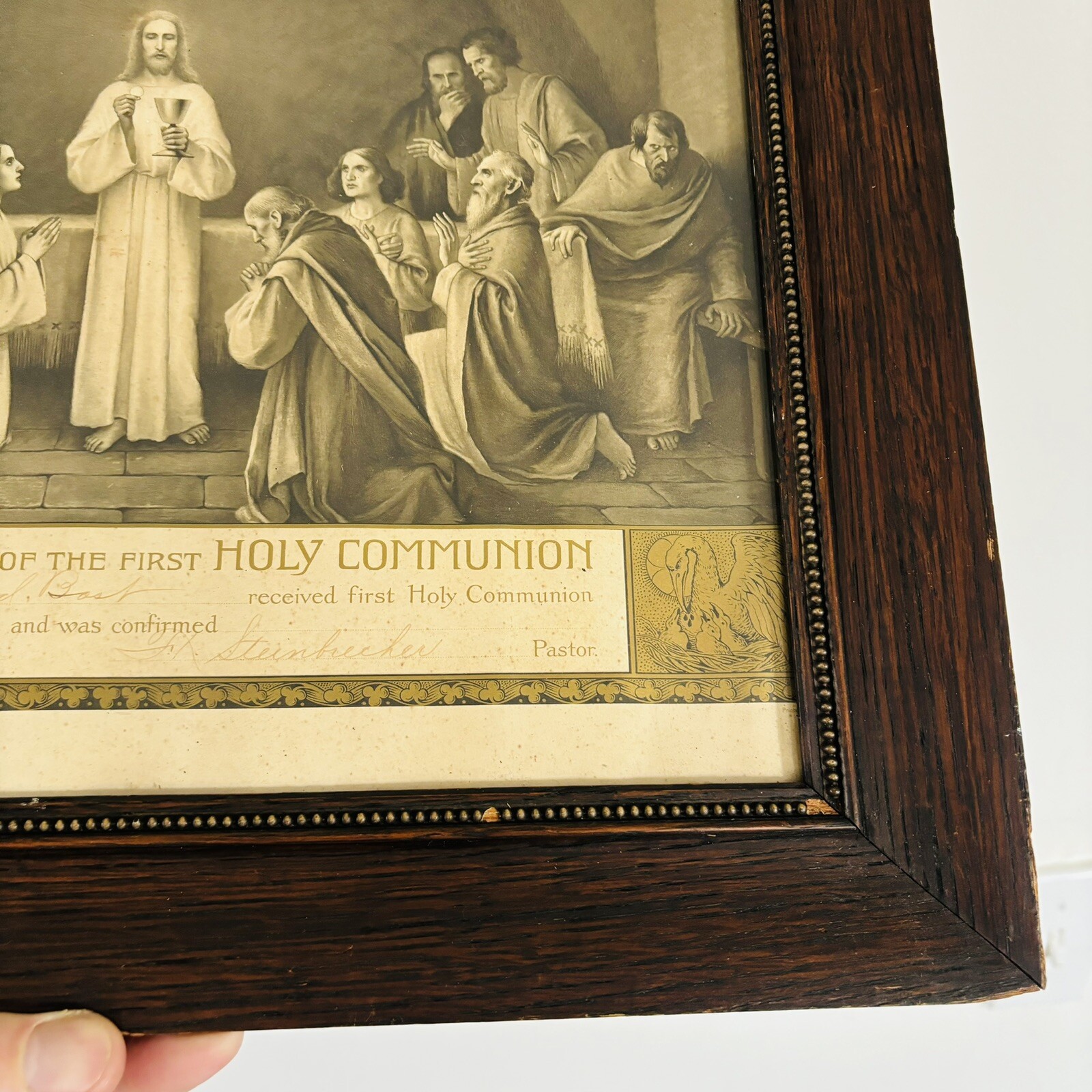 Antique 1900s 1911 First Holy Communion Certificate Quarter Sawn Wood Frame Vtg