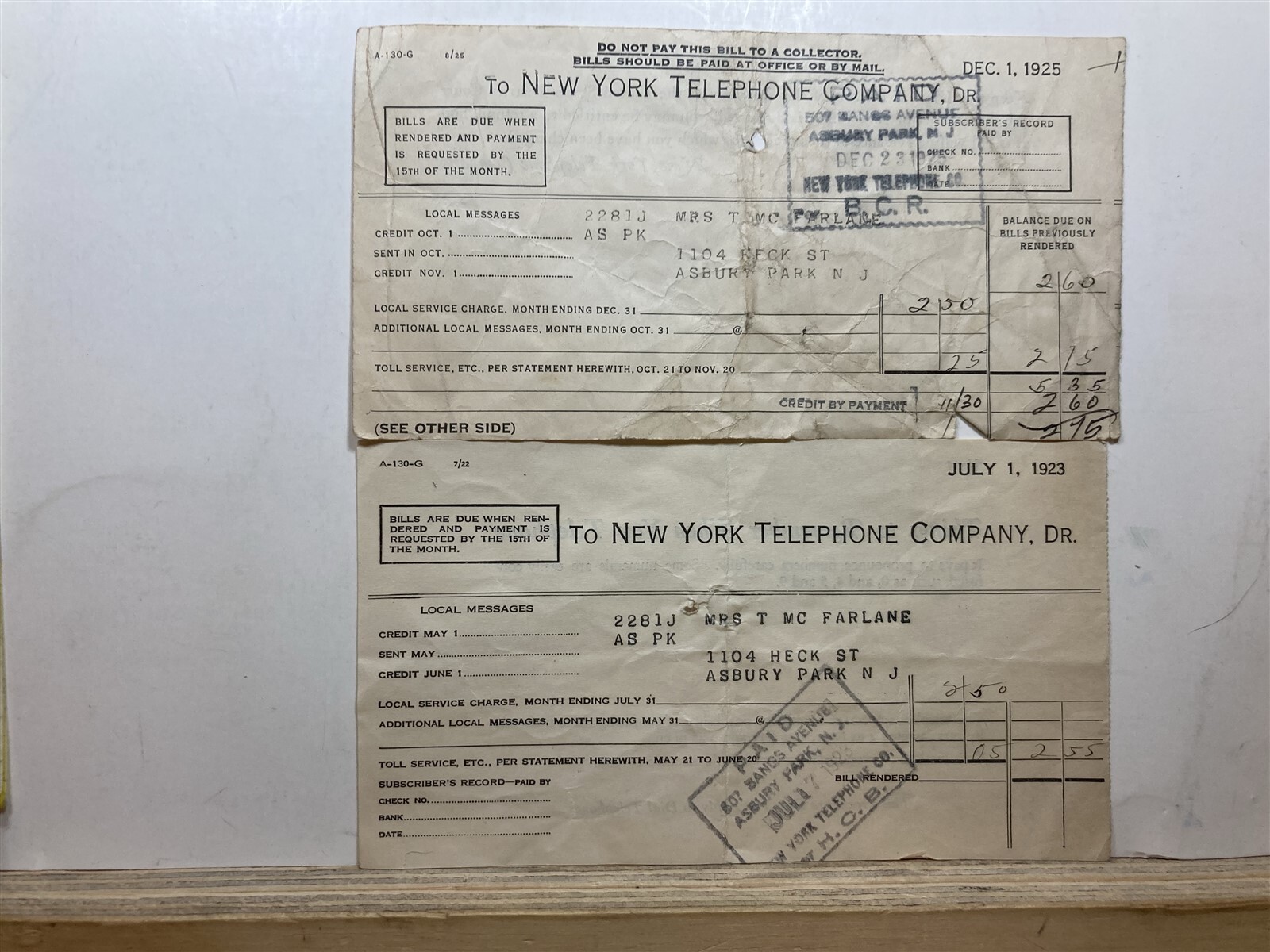 1923 1925 New York Telephone Company Asbury Park New Jersey Bills NJ Vtg