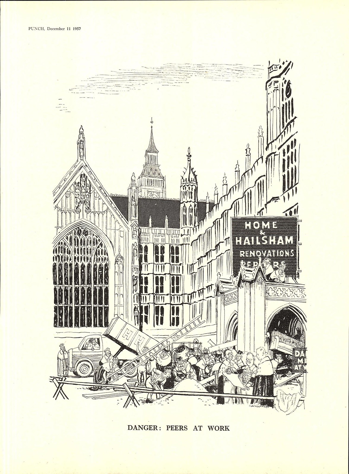 Original 1957 Punch Cartoon Print – The House of Lords “Danger: Peers at Work”