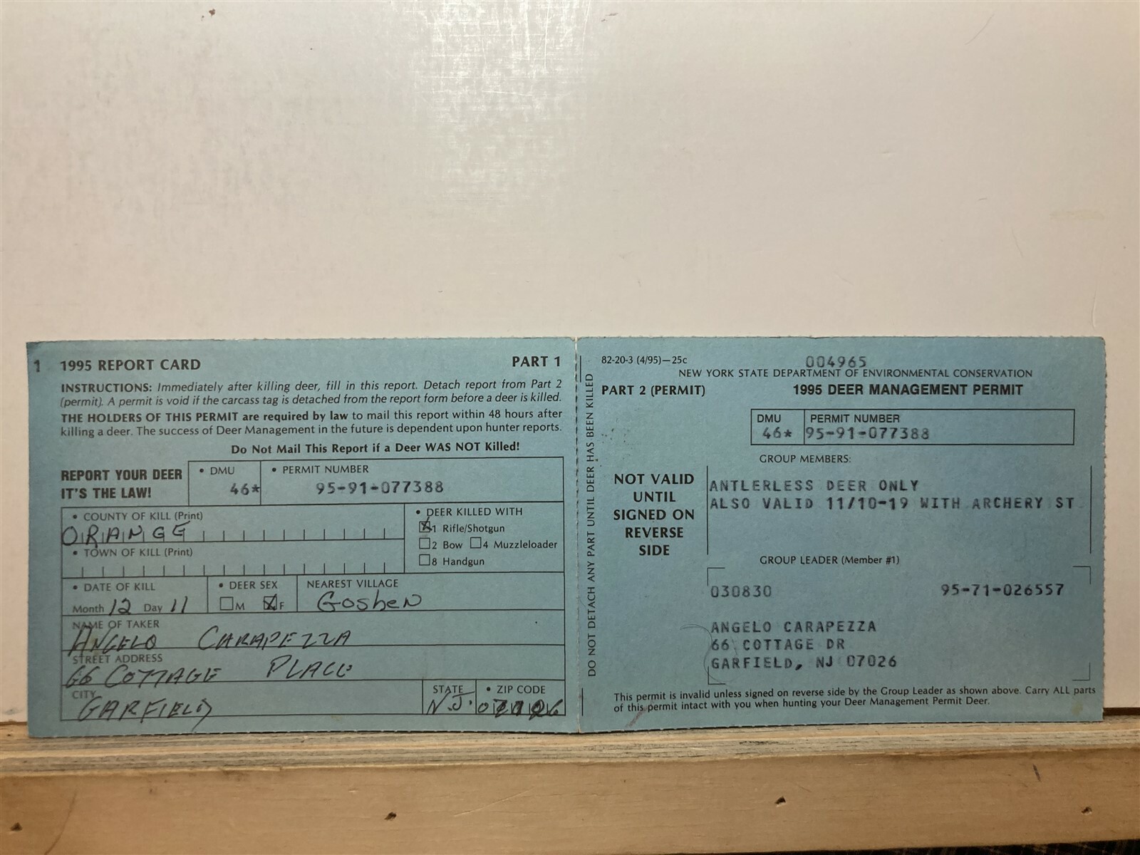 1995 New York Non Resident Antlerless Deer Hunting License NY Vtg