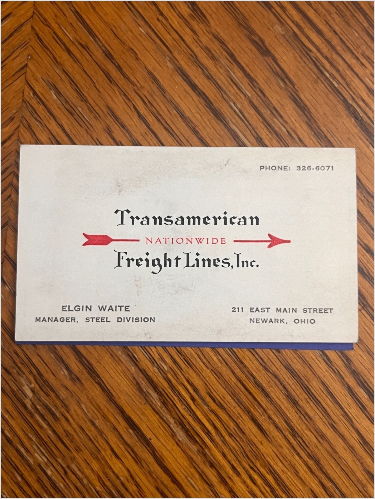 Transamerican Freight Lines Business Card Elgin Waite Newark OH 1960s