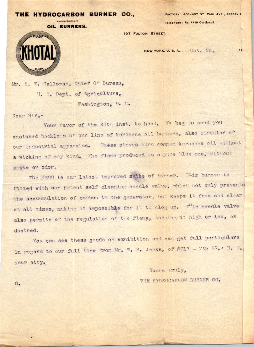 Hydrocarbon Burner Co 1900s Letter Kerosene Oil Heater USDA Correspondence