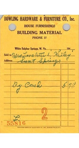 Bowling Hardware WV Receipt Tag Greenbrier Co 1940s Yellow Paper Furniture