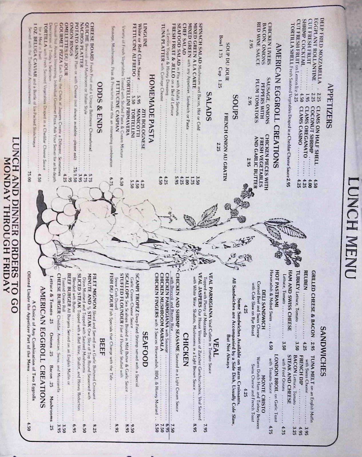 1970s Jasper’s Restaurant Menu Bi-Fold Continental American Cuisine Veal Pasta