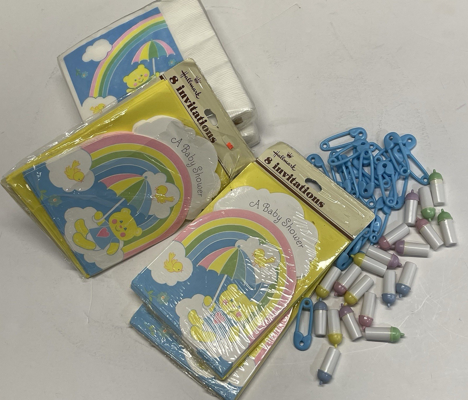 VTG Baby Shower Paper Invitations Napkins Rainbow Bear Plastic Bottles Pin Decor