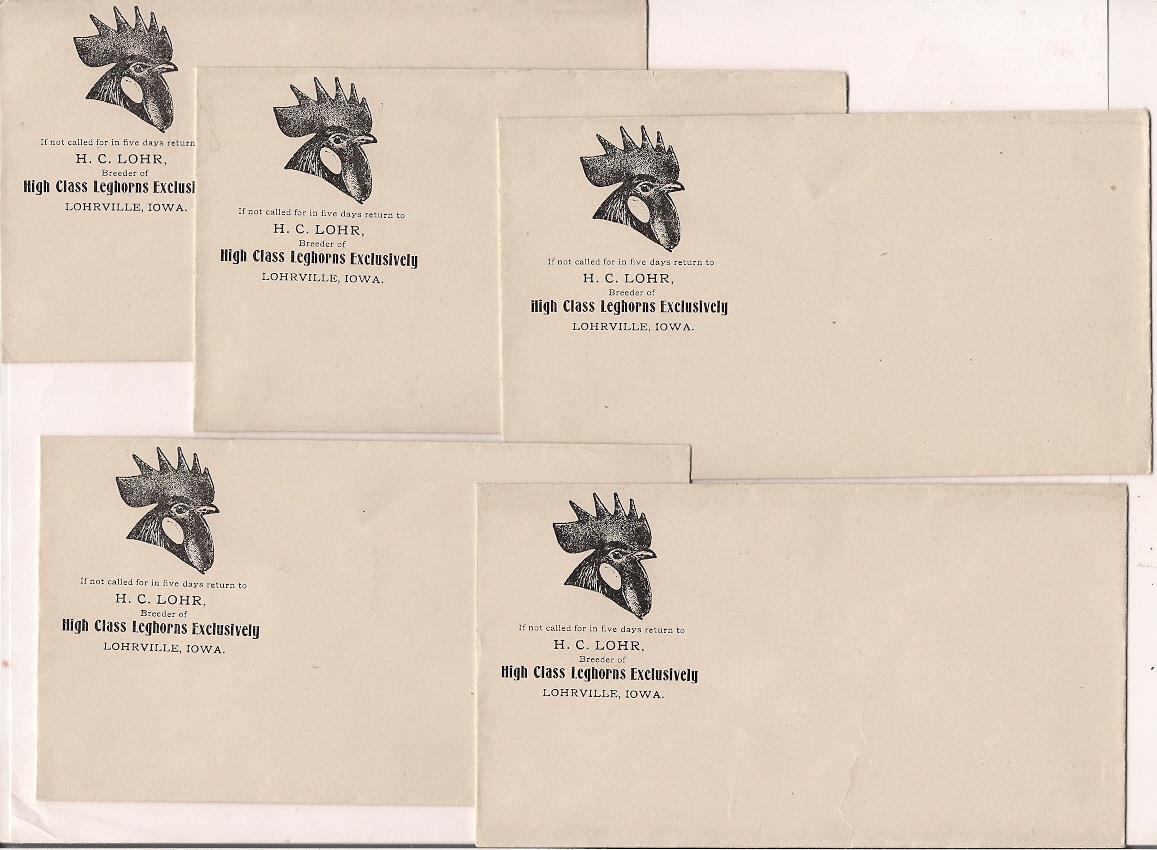 5 Early Pictorial ROOSTER envelopes c1910~Chicken~Leghorns~Lohrville,Iowa~VG