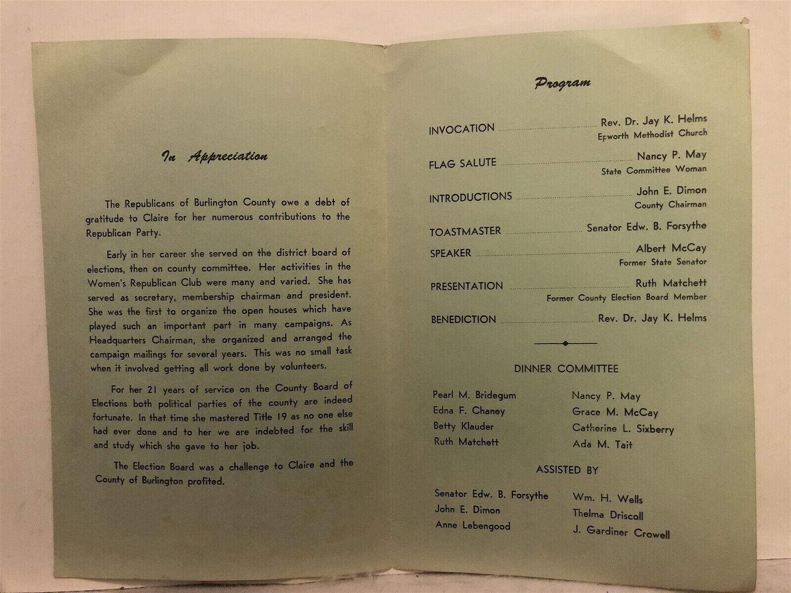 1965 Medford Lakes Lodge Burlington County Republicans Testimonial Dinner NJ Vtg