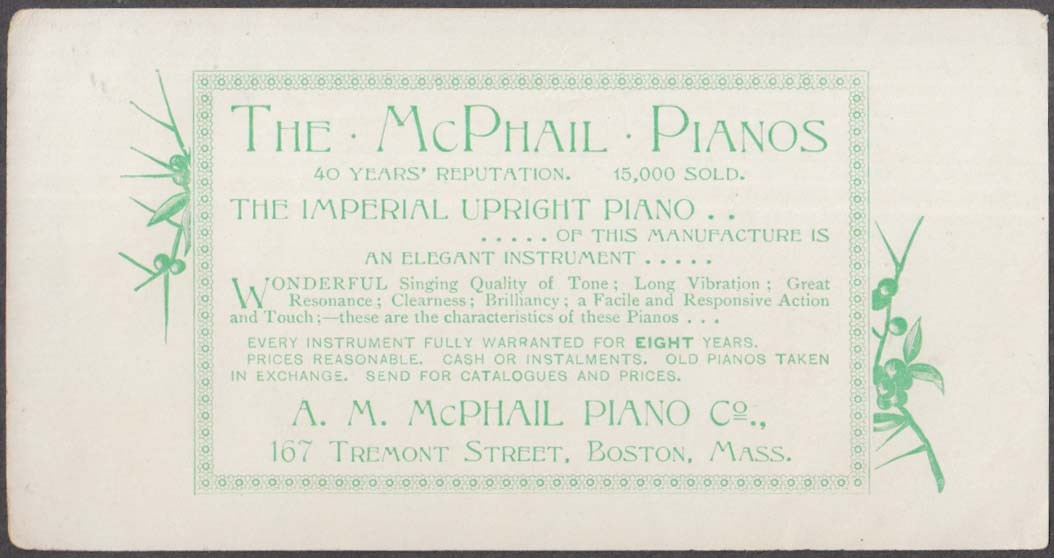A M McPhail Piano Company Boston MA trade flier ca 1878
