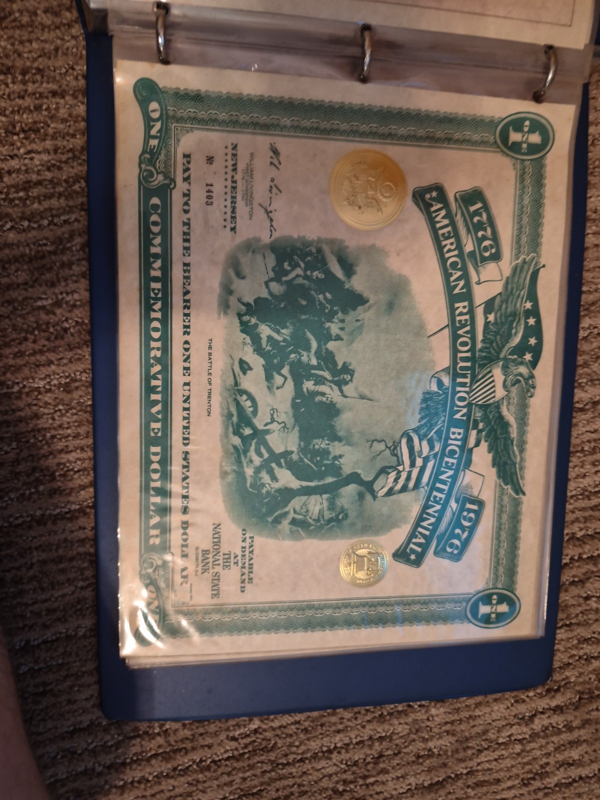 American Revolution Bicentennial Commemorative Dollar Certificate NY 1976