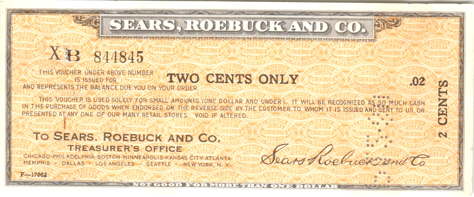 Sears Roebuck and Co Voucher for 2 Cents Unsigned