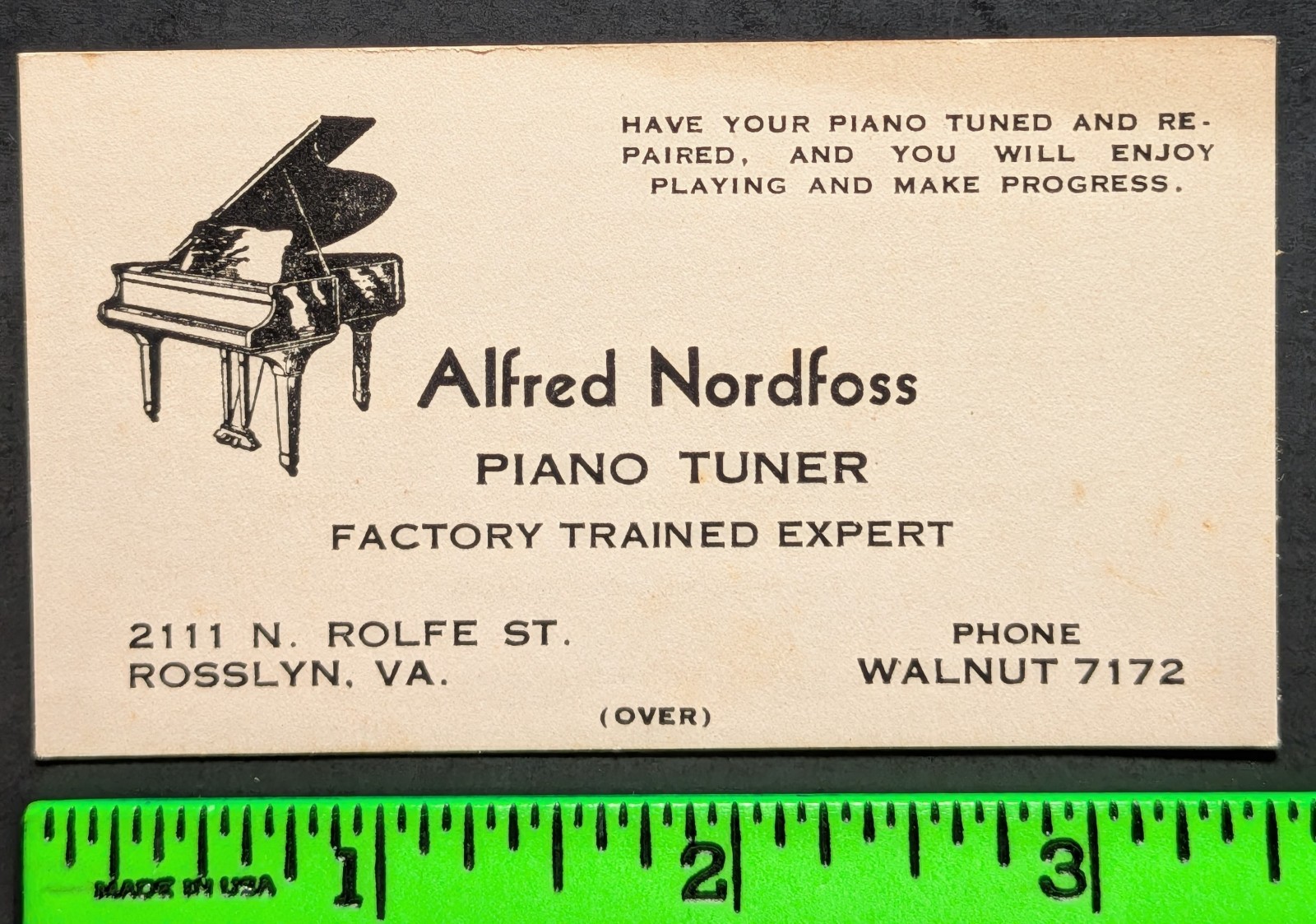 Vintage Alfred Nordfoss Piano Tuner Rosslyn Virginia Business Card