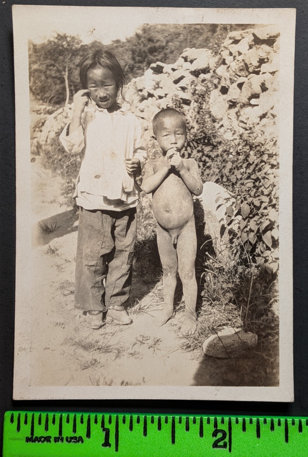 Vintage 1929 China Chinese Dirty Bare Boy Sister Snapshot Photo